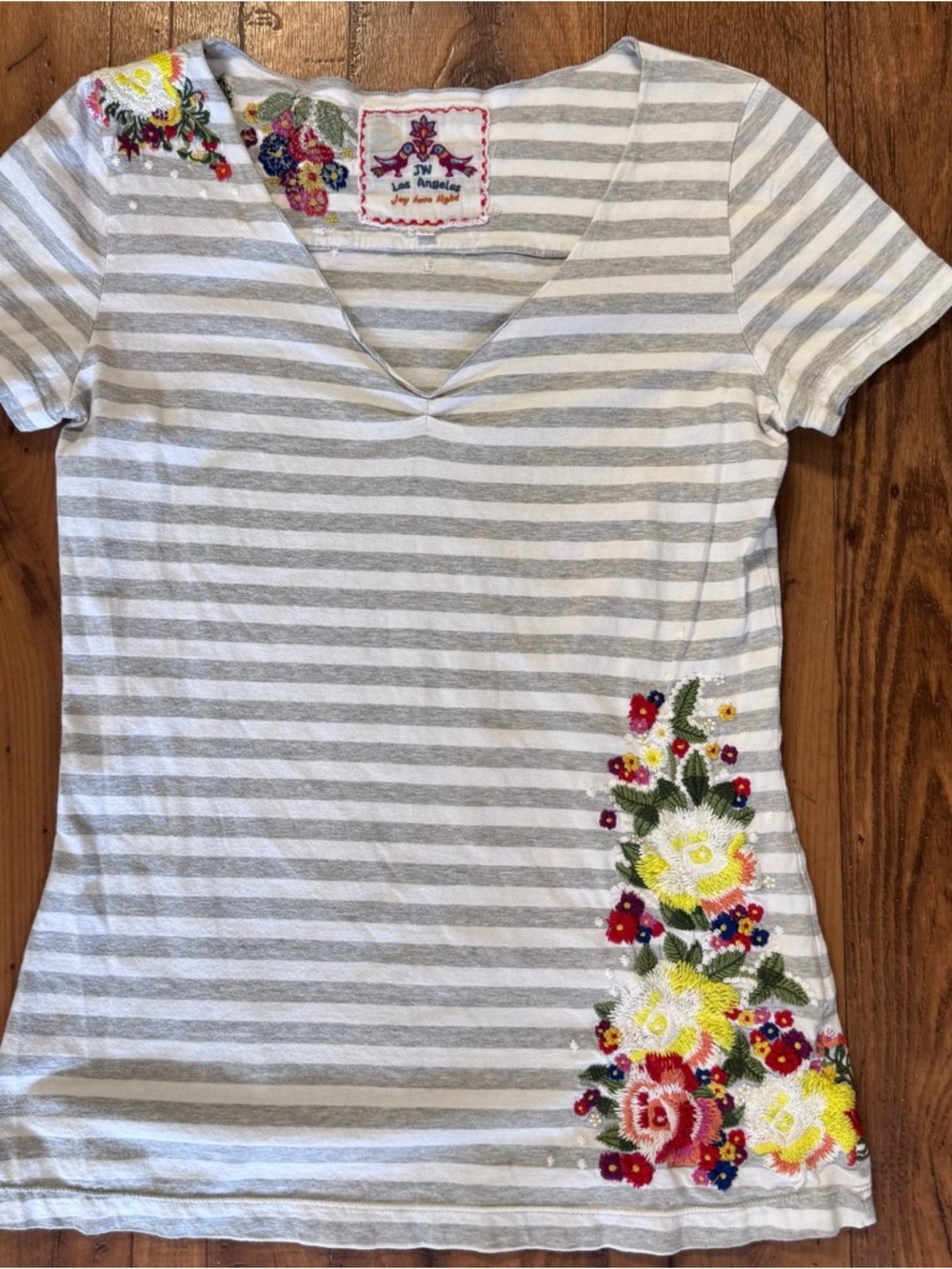 Johnny Was Multicolored Floral Embroidered Striped V-Neck Tee SZ M